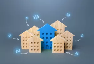 Buildings and money suggesting values and condo fees